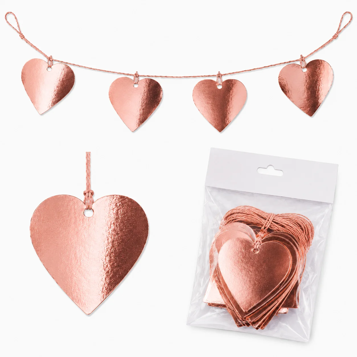 Toptan İpe Dizili Rose Gold Kalpli Uzar Süs 4 Metre