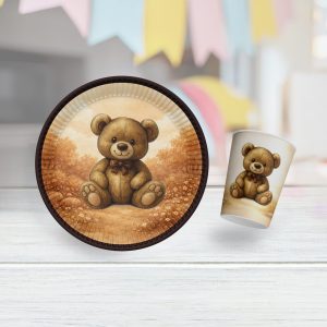 Toptan Retro Sevimli Ayı Karton Tabak Bardak Set